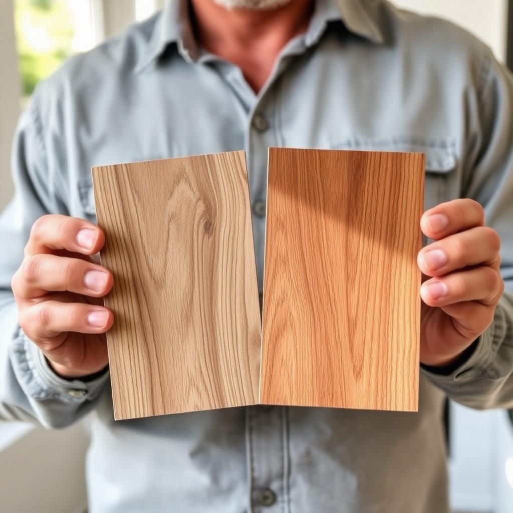 A homeowner comparing hardwood plank samples