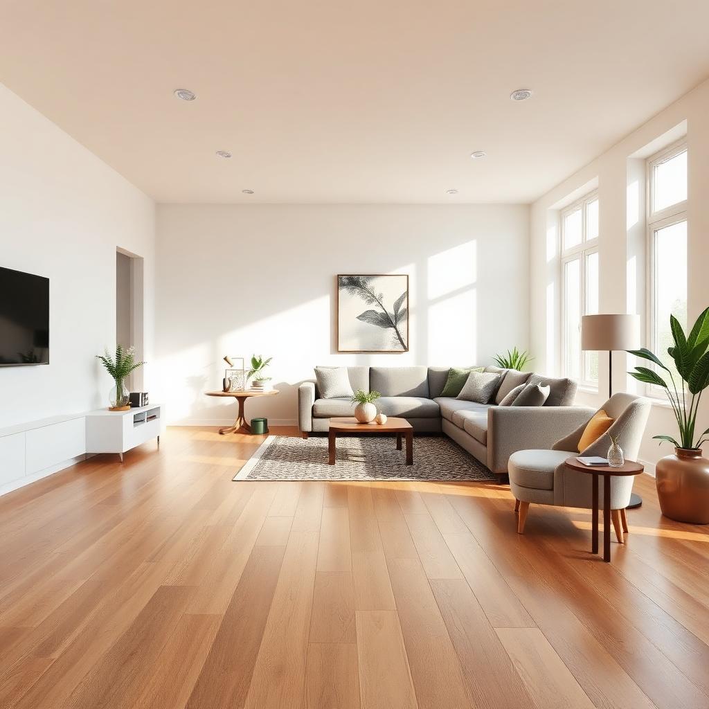 Warm modern living room with natural hardwood flooring